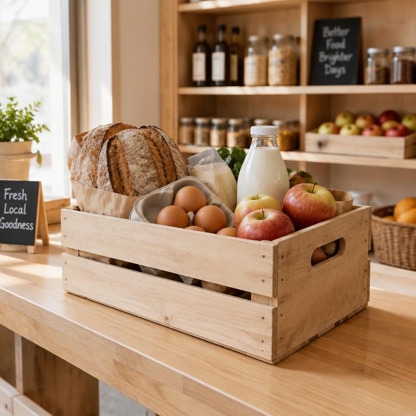 A wooden crate with bread, eggs, milk and apples