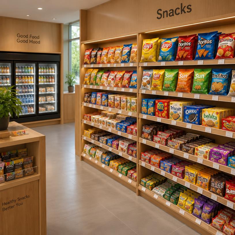 Snack shelves with chips, cookies and chocolate
